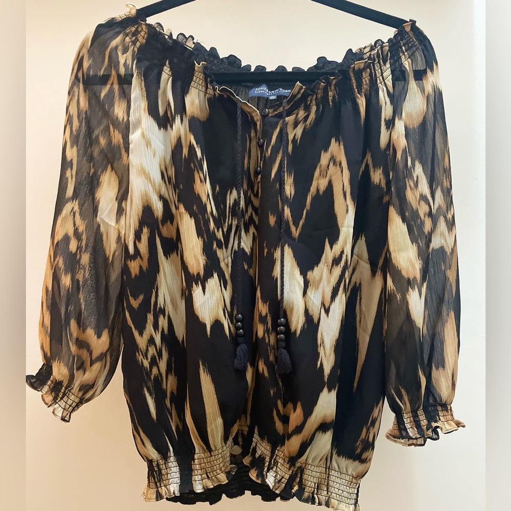 Whimsigoth Boho Black & Tan Blouse Feminine Details Beaded Tie 3/4 Sleeves Sz SP